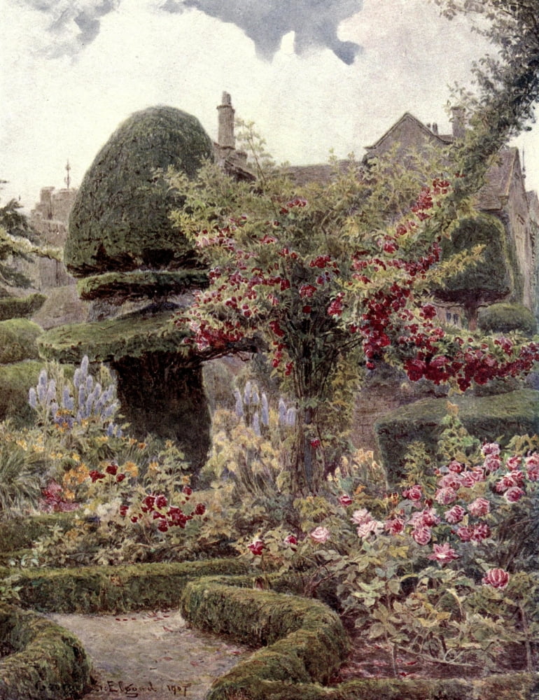 Gardens of England in the Northern Counties 1911 Rose Garden at Levens Hall Westmoreland Canvas Art - George S Elgood (24 x 36)