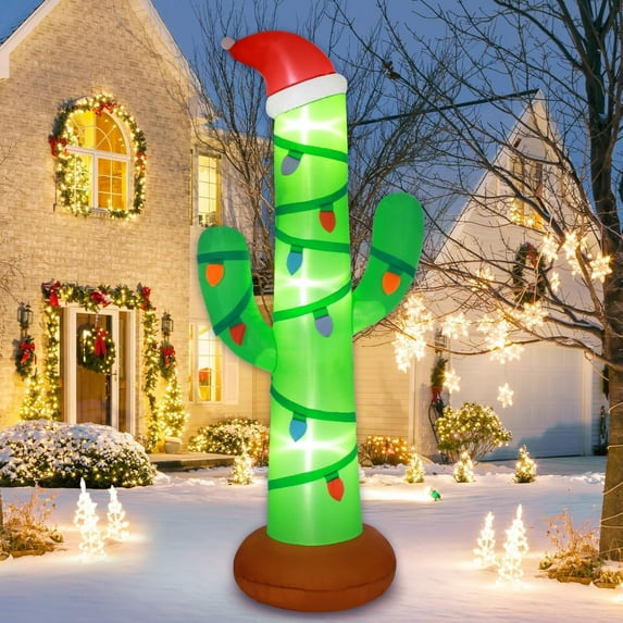 Gardentime Christmas Inflatables Outdoor Decorations 7ft Giant Blow Cactus Yard Decoration Built-in LED Lights Hawaiian Tropical Xmas Blowups Holiday Party Indoor Outside Lawn Garden Patio Decor C108