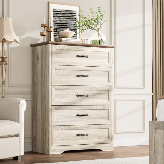 Garderth 5/6 Drawer Dresser,Modern Chest Of Drawers,Wood Dresser TV Stand,Wide Dresser For Bedroom,Tall Dresser Storage Organizer For Living Room Hallway Entryway