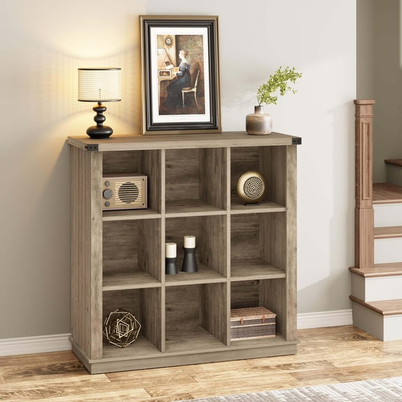 Garderth 9 Cube Storage Organizer,4 Tier Bookshelf,Farmhouse Horizontal Bookcase,Wood Open Storage Bookcase,Low Display Shelf For Home Office Entryway Living Room