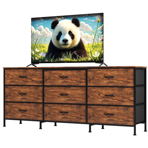 Garderth 9 Drawer Dresser,Wide Fabric Dresser TV Stand For 55-75 Inch TVs,Modern Chest Of Drawers,Entertainment Center With Metal Frame And Wooden Top For Bedroom Closet Living Room Entryway