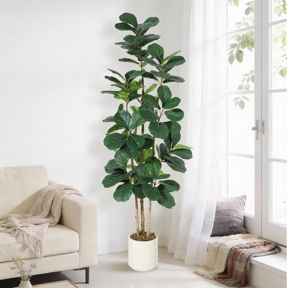 Garderth Artificial Fiddle Leaf Fig Tree,Fake Ficus Lyrata Tree,Potted Faux Tree With White Planter,Tall Fake Floor Plant For Living Room Bedroom Office Home Décor