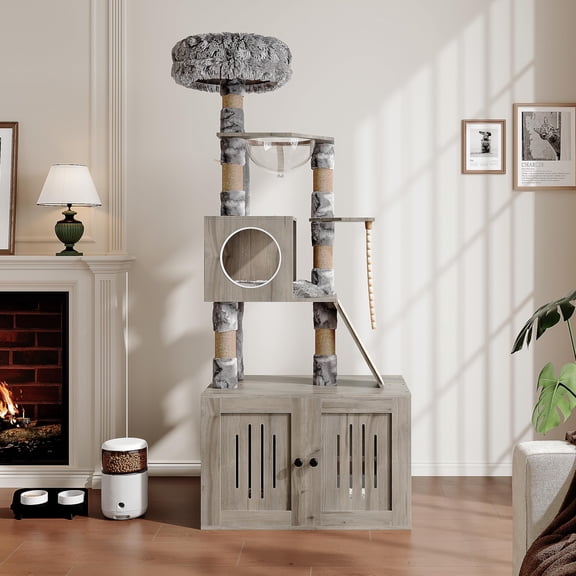 Garderth Cat Tree With Litter Box Enclosure,Cat Litter Box Enclosure,Modern Cat Tower For Indoor Cats,Cat Condo With Large Platform,Food Station And Hammocks,Hidden Washroom Furniture