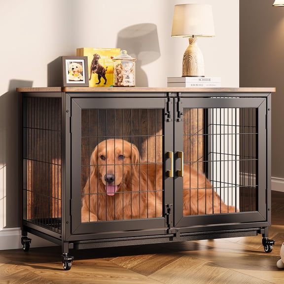 Garderth Dog Crate Furniture,Dog Kennel With Wheels,Indoor Farmhouse Dog Cage,Wood End Table TV Stand With Grid Base,Removable Tray,Latches For Medium and Small Dogs