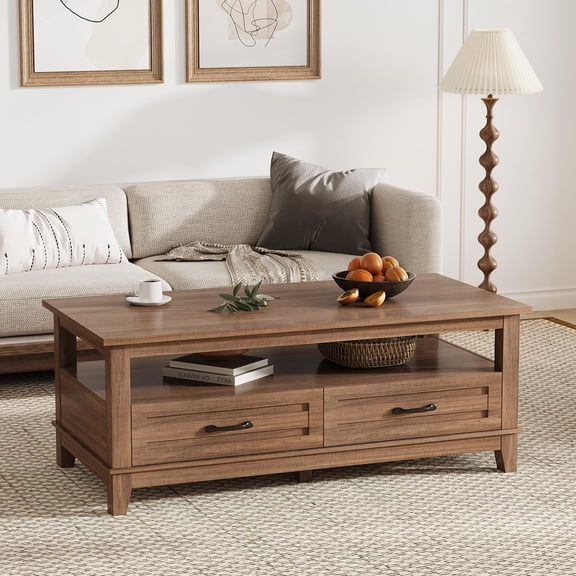 Garderth Farmhouse Coffee Table,47.2" Center Table With Drawer,Rustic Wood Cocktail Table,Living Room Table With Open Shelf And 6 Support Legs For Home Office