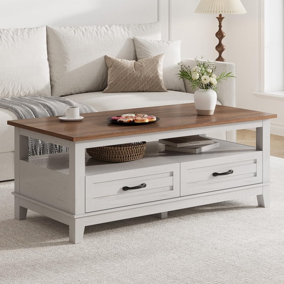 Garderth Farmhouse Coffee Table,47.2" Center Table With Drawer,Rustic Wood Cocktail Table,Living Room Table With Open Shelf And 6 Support Legs For Home Office