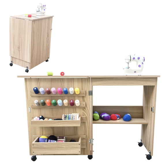 Garderth Folding Sewing Table,Multipurpose Sewing Machine Table,Compact Craft Station & Side Desk With Lockable Wheels,Storage Shelves,Storage Trays,Pegs,Magnetic Locks