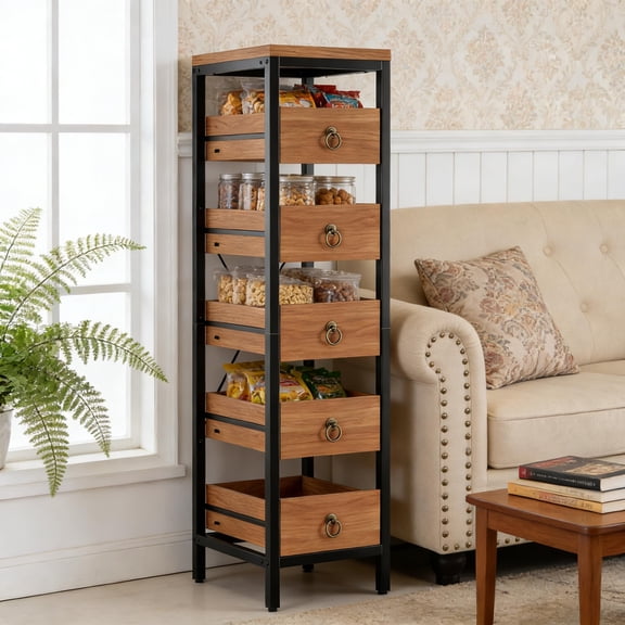 Garderth Fruit Vegetable Storage Rack,Fruit And Vegetable Basket,5-Tier Fruit Basket Stand With 5 Pull-Out Drawers,Narrow Snack Stand,Utility Organizer For Kitchen Living Room Bathroom Supermarket