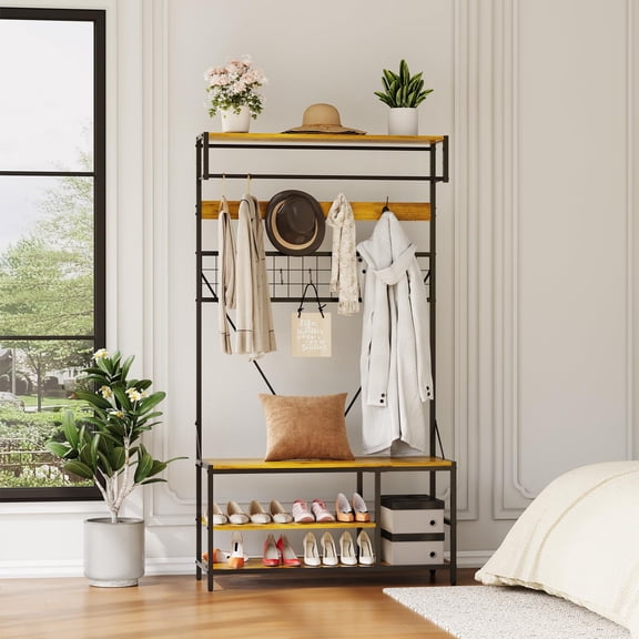 Garderth Hall Tree With Bench And Shoe Storage,5 In 1 Entryway Coat Rack With Shoe Bench,Freestanding Wood Shoe Rack With Adjustable Shelf,Hanging Rod And 9 Hooks For Hallway Mudroom Bedroom