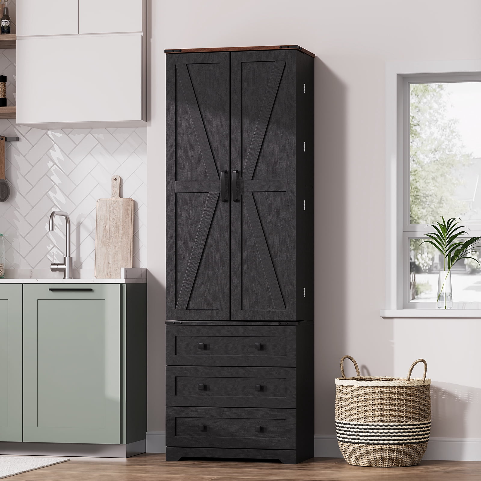 Garderth Kitchen Pantry Cabinet,72" Tall Pantry Storage Cabinet,Freestanding Cupboard With 3 Drawers,Adjustable Shelves,Farmhouse Food Pantry For Dinning Living Room Home Laundry Bathroom