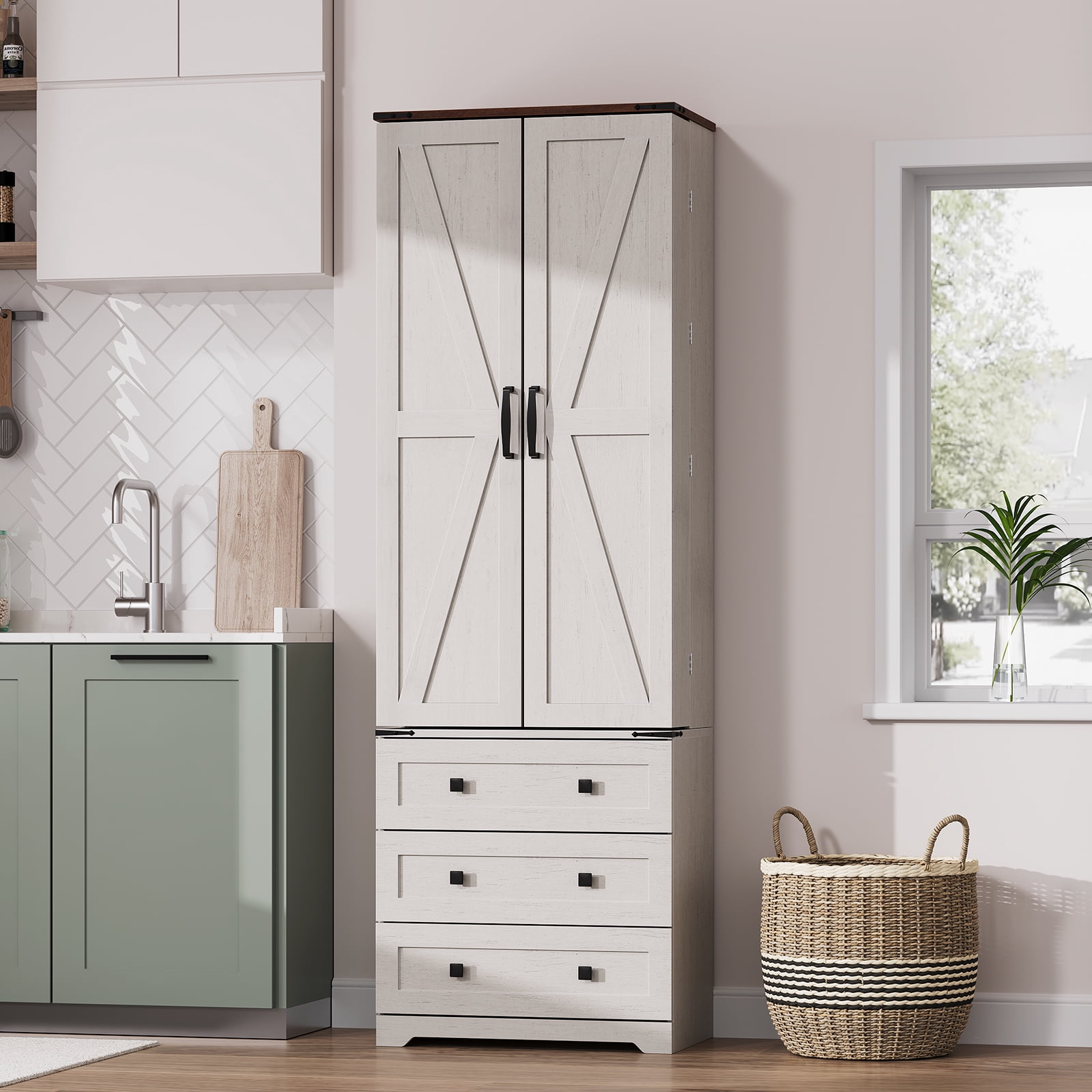 Garderth Kitchen Pantry Cabinet,72" Tall Pantry Storage Cabinet,Freestanding Cupboard With 3 Drawers,Adjustable Shelves,Farmhouse Food Pantry For Dinning Living Room Home Laundry Bathroom