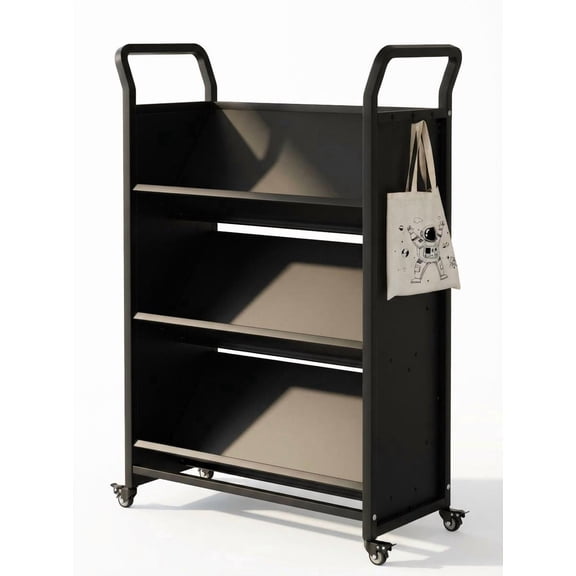 Garderth Library Book Cart,Metal Rolling Cart,3-Tier Bookshelf,Book Truck Library Cart With 4 Lockable Wheels & Side Hooks For Home Library School Office Study