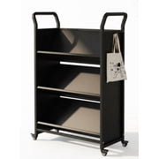 Garderth Library Book Cart,Metal Rolling Cart,3-Tier Bookshelf,Book Truck Library Cart With 4 Lockable Wheels & Side Hooks For Home Library School Office Study