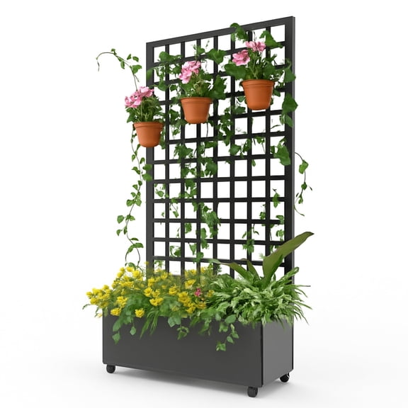 Garderth Metal Planter Box With Trellis,Metal Raised Garden Bed With Trellis,Galvanized Outdoor Privacy Screen On Locking Wheels,Deep Planter With Drainage For Climbing Plants Flowers,Patio Balcony