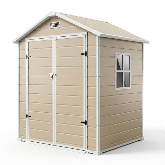 Garderth Plastic Outdoor Storage Shed With Floor,6x4FT Resin Shed With Window,Garden Shed,Waterproof Tool Shed With Lockable Door & 2 Vents & Sloped Roof For Patio,Lawn Mower,Bike & Tool