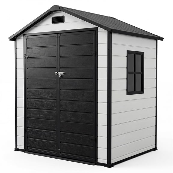 Garderth Plastic Outdoor Storage Shed With Floor,6x4FT Resin Shed With Window,Garden Shed,Waterproof Tool Shed With Lockable Door & 2 Vents & Sloped Roof For Patio,Lawn Mower,Bike & Tool