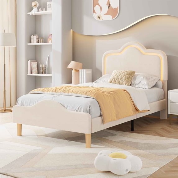 Garderth Twin Size Bed Frame With LED Lights,Full Size Bed Frame With Adjustable Headboard,Velvet Upholstered Platform Bed Queen With Wooden Slats Support,No Box Spring Needed