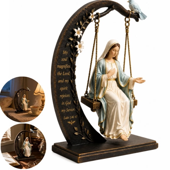 Gardjoe Blessed Mary Cradle Swing Ornament Virgin Mary StatueTabletop Decor, Figurine with Dove and Scripture Verse, Christian Faith Home Decoration for Prayer Room Church