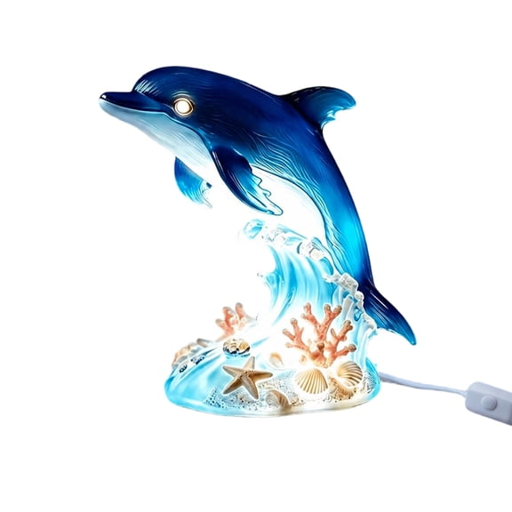 Gardjoe Dolphin Desk Night Light Rechargeable Resin Tabletop Lamp with Adjustable Glow, Ocean-Themed Bedroom Decor for Nightstand Shelf, 7.48x6.69in