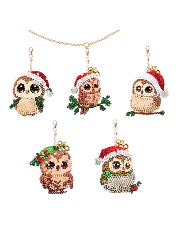 Owl Diamond Painting Keychain Set with Christmas Hat Designs for DIY Craft Decor, Sparkling Bag Accessories, Creative Gift Project for Adults