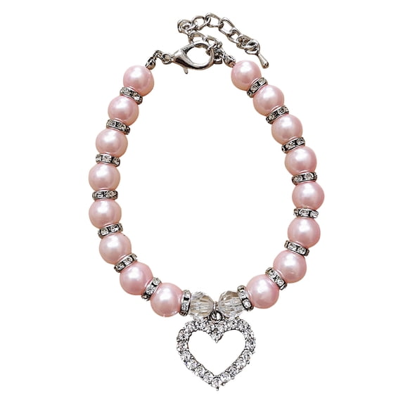 Gardjoe Pearl Beaded Pet Necklace Collar with Heart Shaped Rhinestone Pendant and Elastic Stretch Design for Small Dog Cat Daily Dress Up
