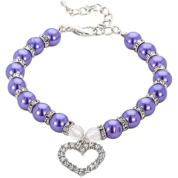 Gardjoe Pearl Beaded Pet Necklace Collar with Heart Shaped Rhinestone Pendant and Elastic Stretch Design for Small Dog Cat Daily Dress Up