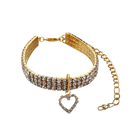 Gardjoe Triple Row Elastic Rhinestone Pet Collar with Heart Pendant and Extender Chain for Small Dogs Cats Party Wedding Jewelry