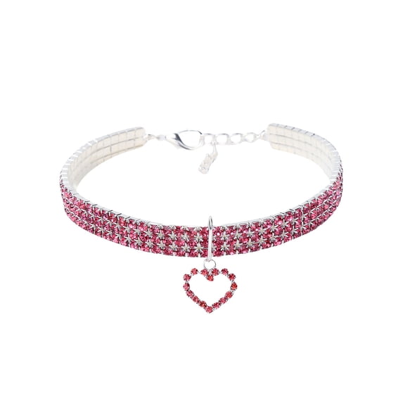 Gardjoe Triple Row Elastic Rhinestone Pet Collar with Heart Pendant and Extender Chain for Small Dogs Cats Party Wedding Jewelry