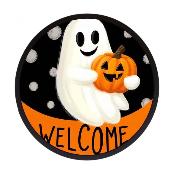 Gardjoe A round LED illuminated hanging sign featuring "HOME SWEET SPOOKY" text with pumpkin and ghost designs, suitable for door and wall festive decoration.