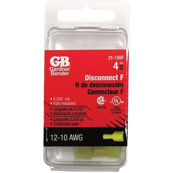 GB Electrical Female Disconnect Fully Insulated - 12-10 AWG, Yellow, 4-Pack