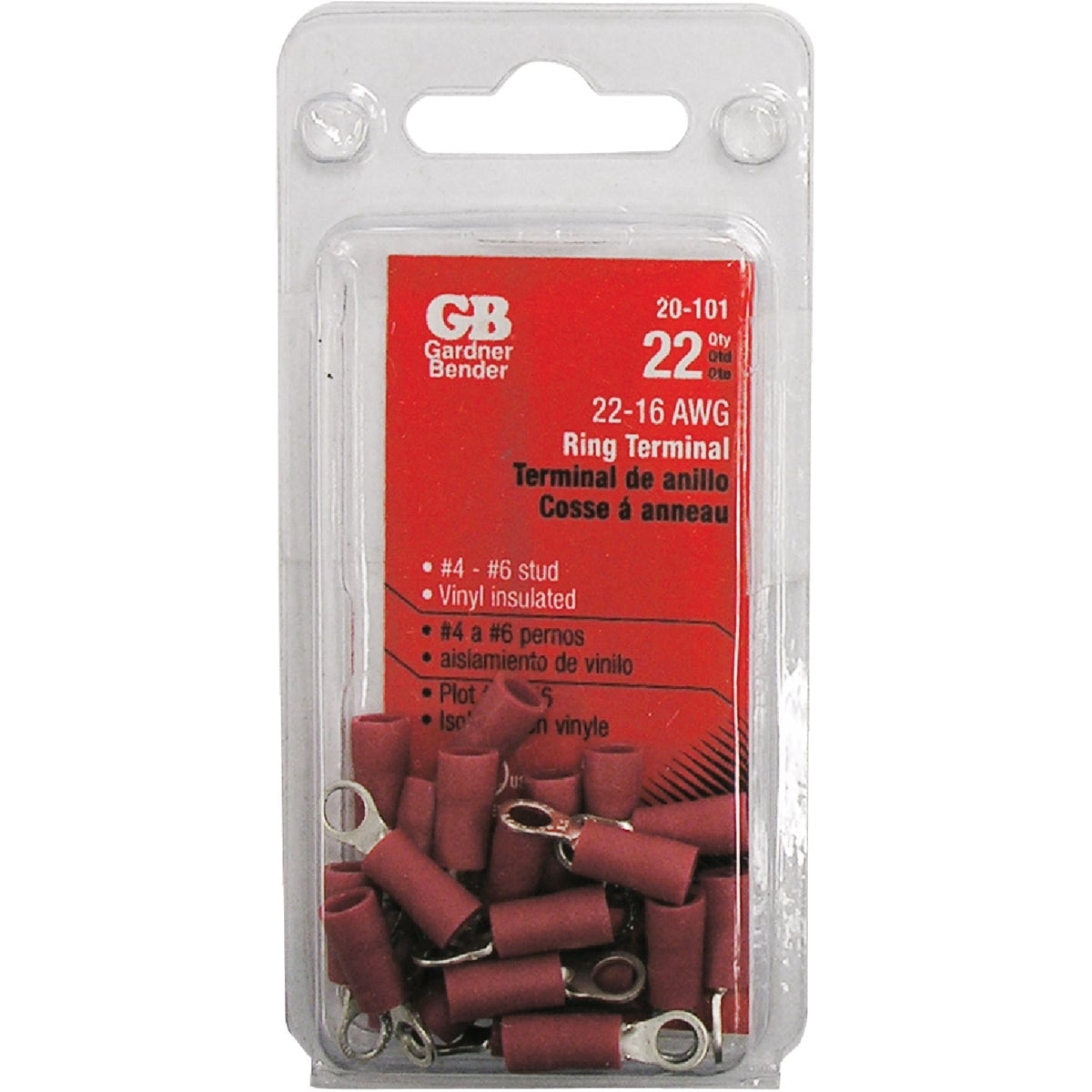 Gardner Bender Red Ring Terminal 20-101 - 22-18 Gauge, 18 Gauge Wire Terminal - 22 Pack