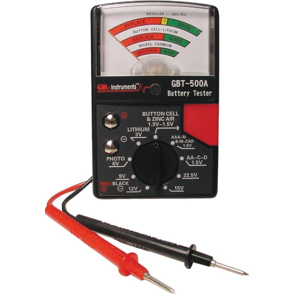 Gardner Bender Battery Tester GBT-500A Analog - Test Leads, Black, AA Compatible