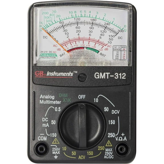Gardner Bender GMT-312 Analog Multimeter, 5 Function / 12 Range, 300V AC/DC, for AC / DC Voltage & Current, Resistance, Continuity & Batteries , Black