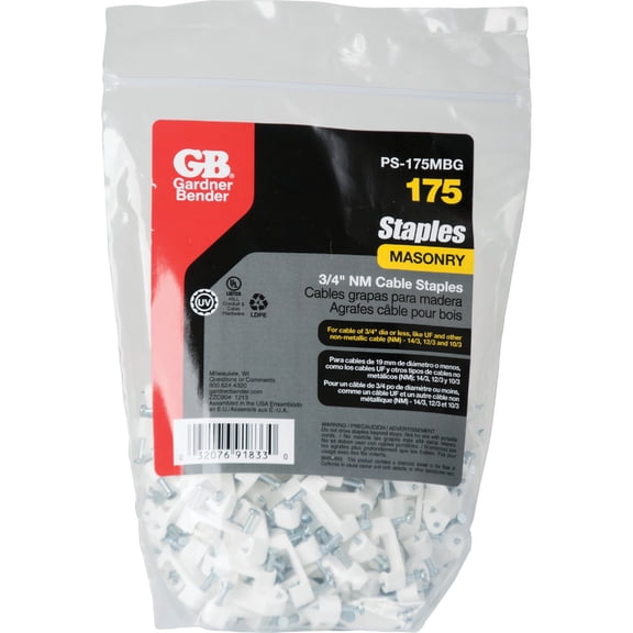 Gardner Bender PS-175BG Plastic Electrical Cable Staples,  inch, Secures Romex, UF and NM, 175 pk, White