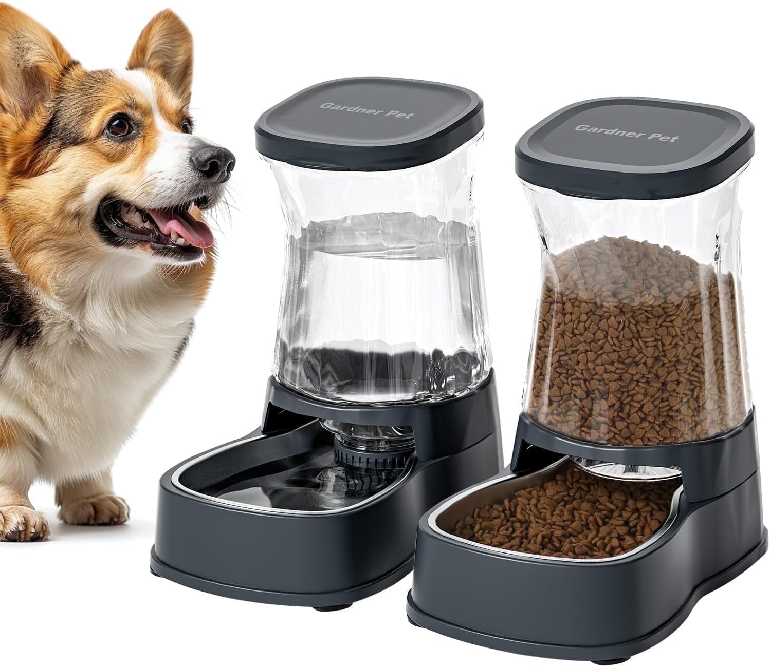 Nomipaw 2Pcs Cat&Dog Feeder & Waterer - Automatic Gravity Feeding - 1 Gallon Each Feeder - Black Gray