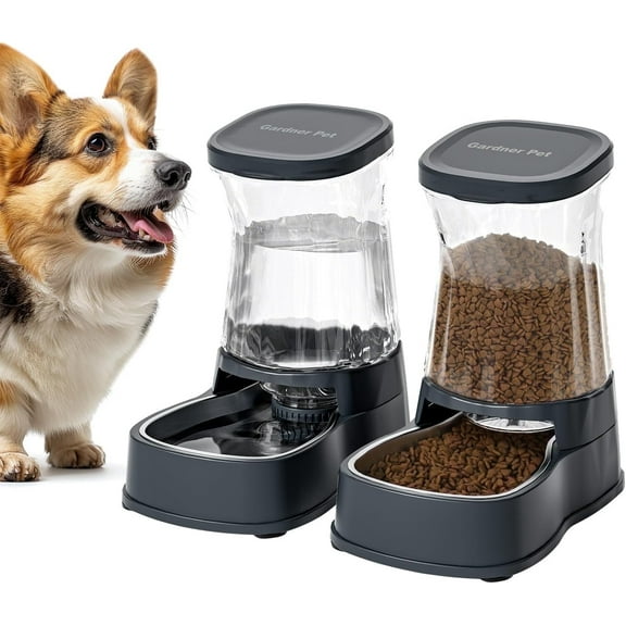 Nomipaw 2Pcs Cat&Dog Feeder & Waterer - Automatic Gravity Feeding - 1 Gallon Each Feeder - Black Gray
