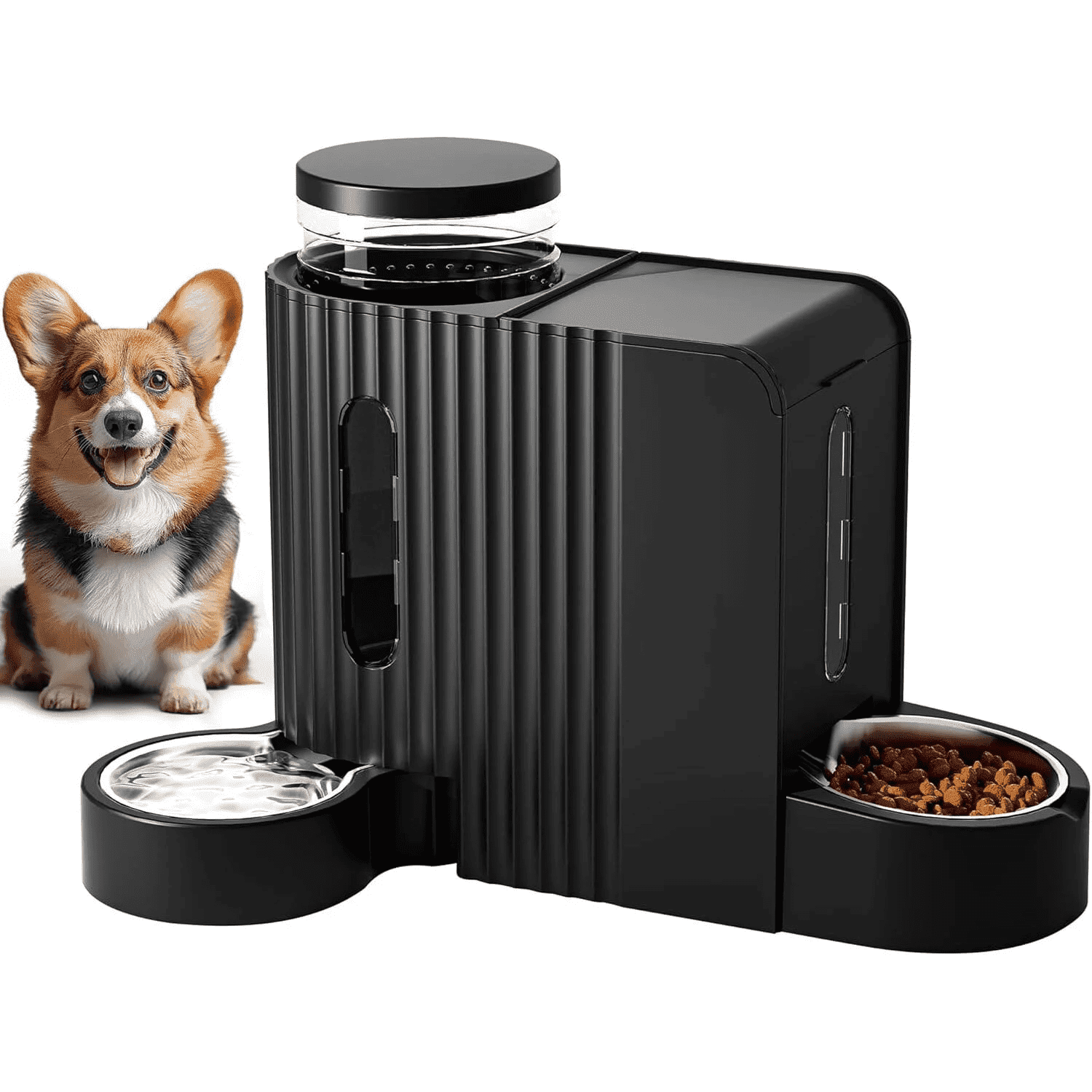 Nomipaw Cat Dog Feeder and Waterer - Automatic Gravity Feeding - Two-in-One - 0.8 Gallon Each Feeder - Black