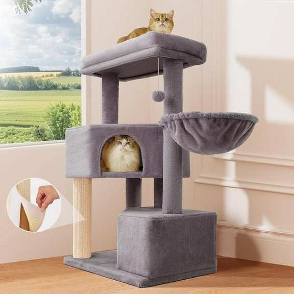 Nomipaw Cat Tree 41”, Multi-levels & Heavy Duty Cat Tower with Φ3.23in Posts, Scratching Posts, Washable Top Perches and Hammock, Replaceable Natural Sisal, Accommodates 4 Cats, Each Under 30 lbs