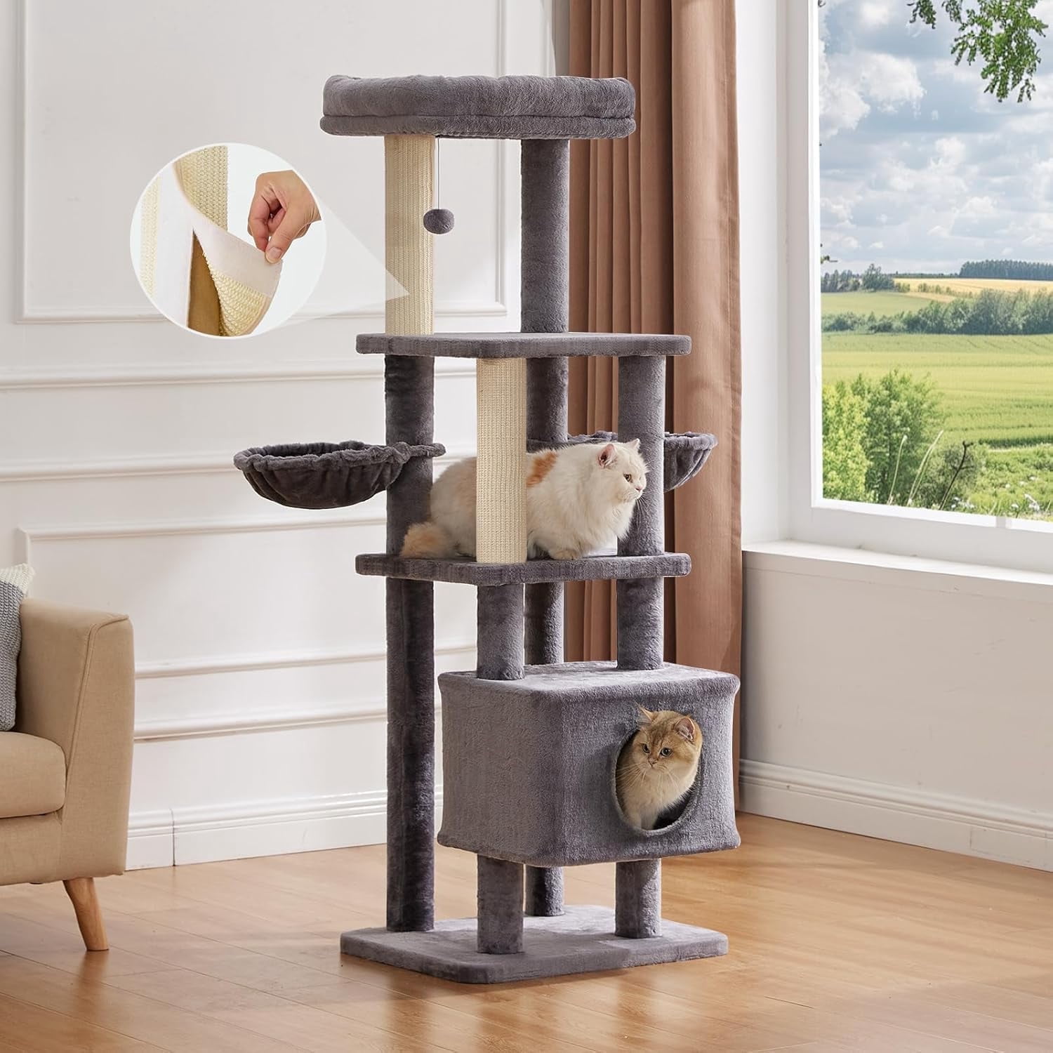Nomipaw Cat Tree 65”, 6-level & Heavy Duty Cat Tower with Φ3.23in Posts, 2x Natural Sisal Scratching Posts(Replaceable), 2x Hammock, Condo and Washable Top Perches, For Indoor Cats, Gray
