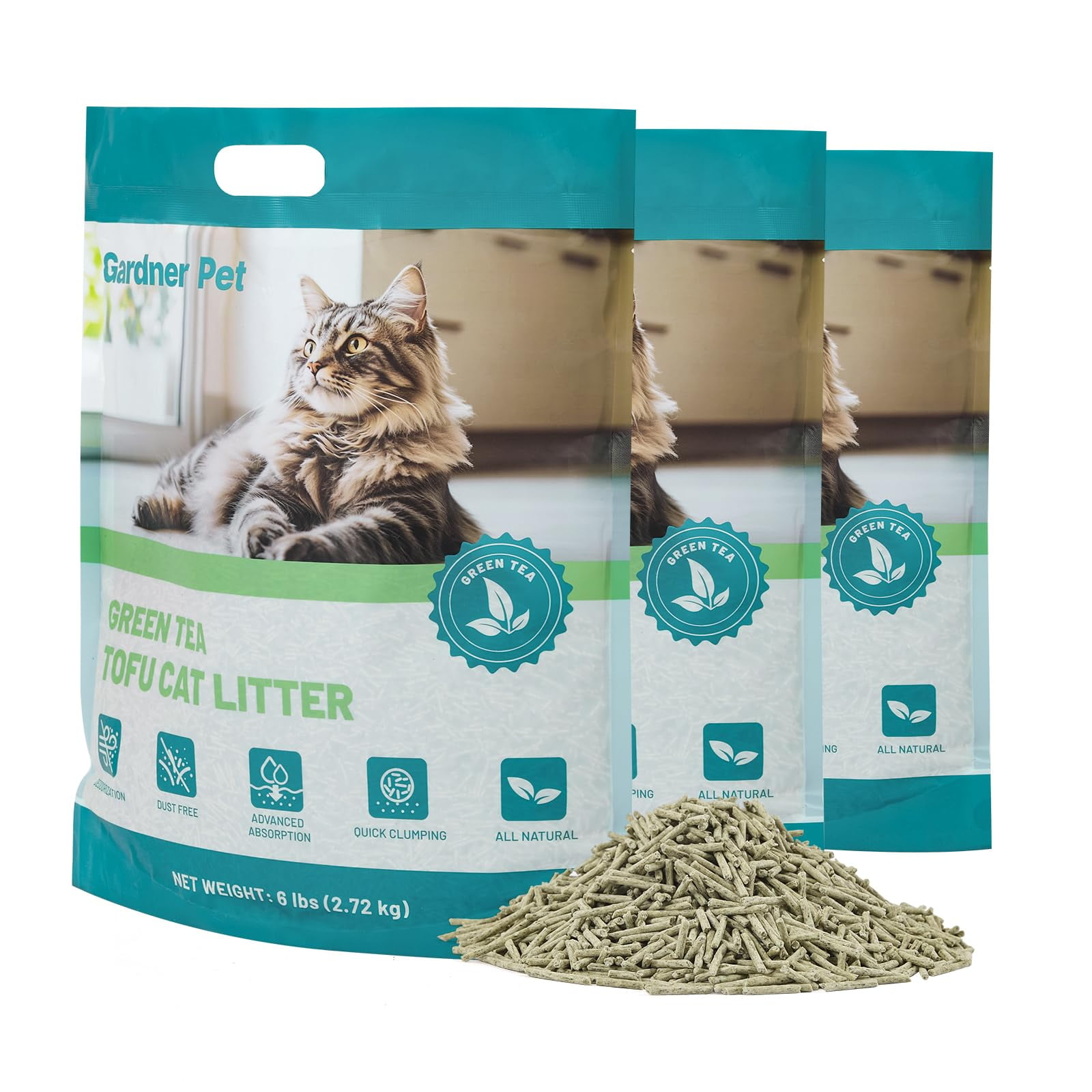 Gardner Pet Natural Tofu Cat Litter, Cat Litter with Green Tea Extract - Dust-Free, Fast Clumping, Flushable, and Odor Control for Multi-Cat Homes, 6lbs x 3 Pack C80