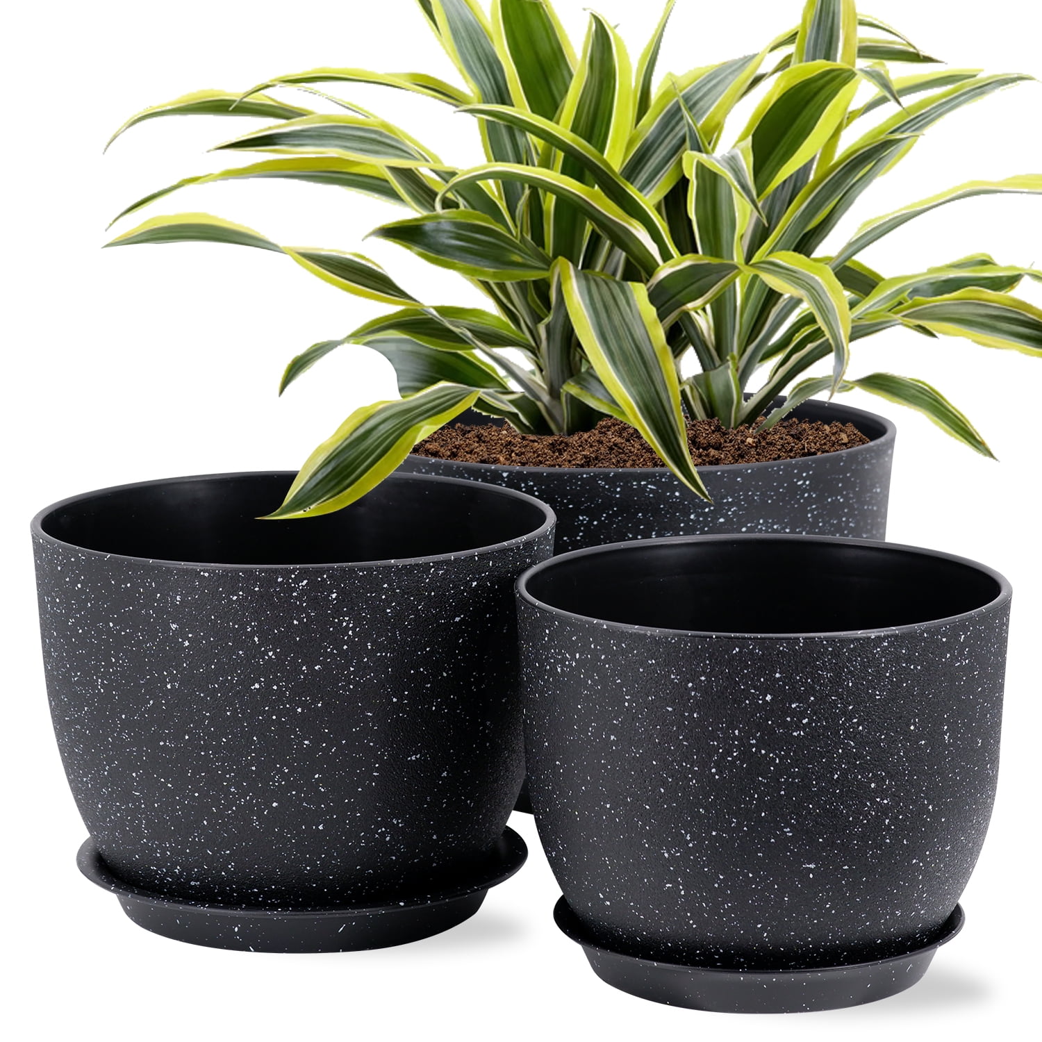 Black Plastic Round Planter Set with Drainage Holes, 10/9/8 inch