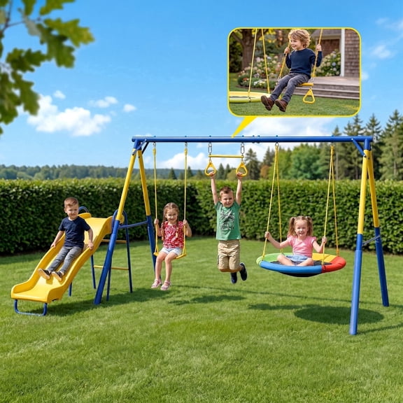 Gardwin Super Metal Swing Set with Saucer Swing,Belt Swing,Trapeze Bar Ring,Wave Slide and Bonus Anchor Kit, Great for Kids Aged 3-12