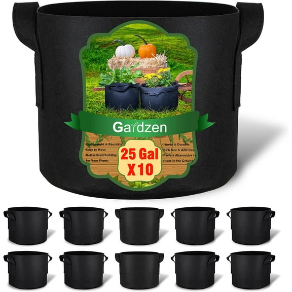 Gardzen 10-Pack 25 Gallon Grow Bags, 300G Thickened Aeration Fabric Pots with Handles, Heavy Duty Cloth Pots for Plants