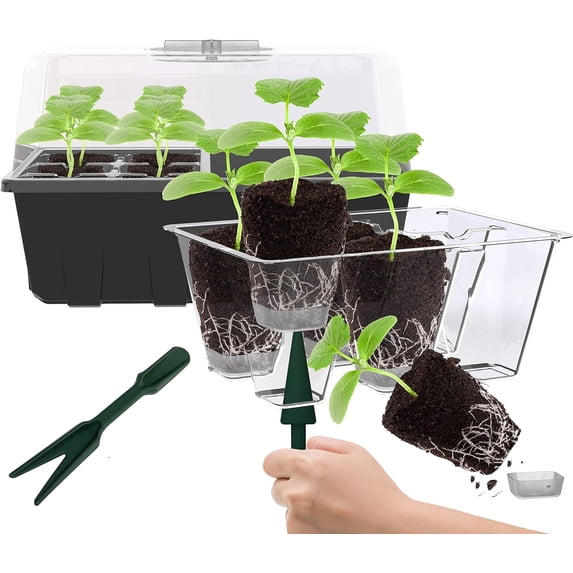 Gardzen 10 Pack Push-Up Seed Starting Tray, Pop Up Plant Germination Trays, Starter Kit with Adjustable Humidity Vented Dome, 6.6" x 4.5", Total 120-Cell, Clear