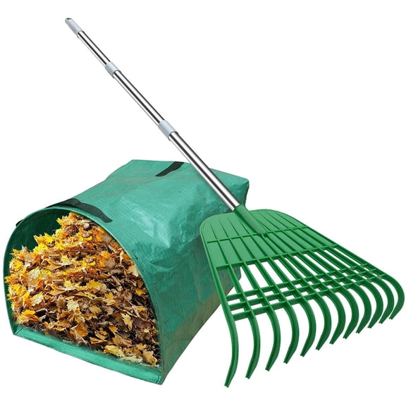 Gardzen 12 Tines Gardening Leaf Rake, Lightweight Steel Handle, Detachable, Ideal Camp Rake, Comes with Dustpan-Type Garden Bag