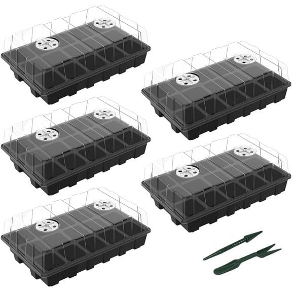 Gardzen 5-Set Garden Propagator Set, Seed Tray Kits with 75-Cell, Seed Starter Tray with Dome and Base 15" x 9" (15-Cell Per Tray)