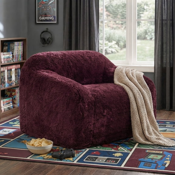 Garel Modern Faux Fur Fully Assembled Compressed Accent Chair, Red Wine