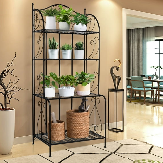 Garfans 4-Tier Metal Plant Stand Indoor and Outdoor Flower Rack Metal Shelf Multifunctional Kitchen Baker's Rack Storage Shelving