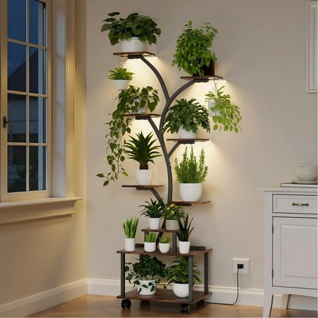 Garfans Rolling Plant Stand Indoor and Outdoor 9-Tier Flower Rack Metal Shelf with Grow Lights Steel Plant Shelf, Full Spectrum Lights & Rust-Proof Design for Indoor Plants