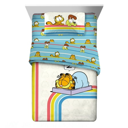 Garfield Kids 4 Piece White Blue Reversible Comforter, Bed in a Bag, Twin